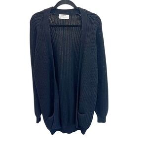 Vintage Zoran Black Chunky Knit Cotton Cardigan Sweater Lagenlook Open Front